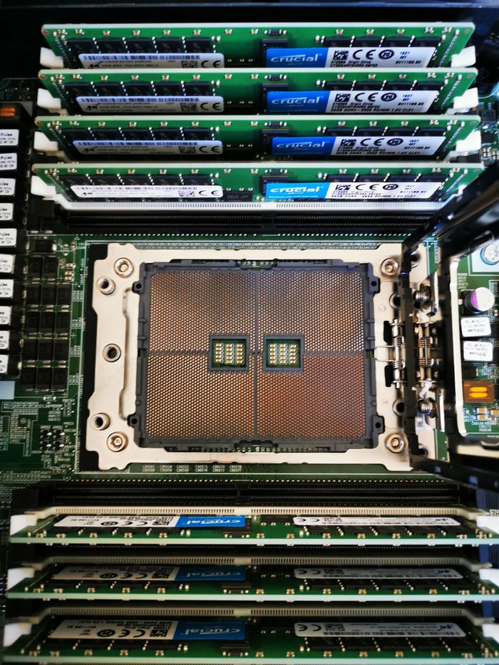 Home High-resolution image showing a close-up view of a computer server's processor and RAM assembly.
