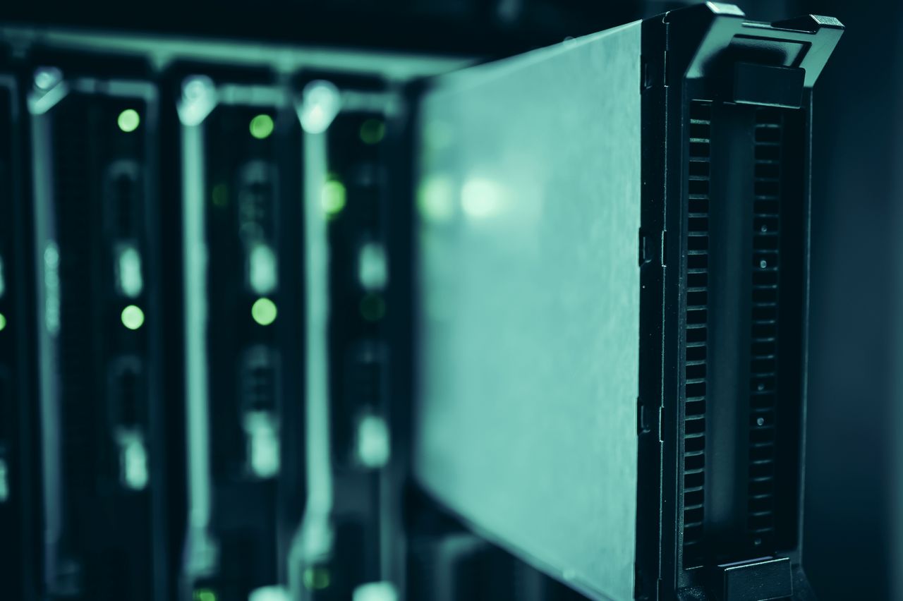 Services Close-up of server racks in a data center highlighting modern technology infrastructure.